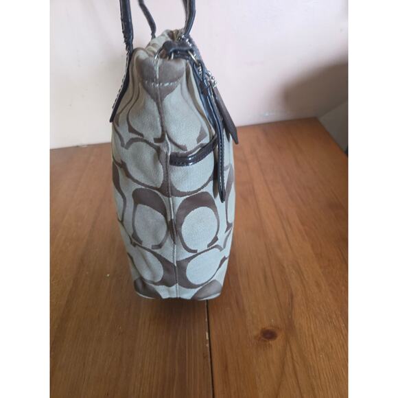 Authentic Coach Monogram Khaki and Vermillion Striped Shoulder Bag Tote Medium - Picture 5 of 13